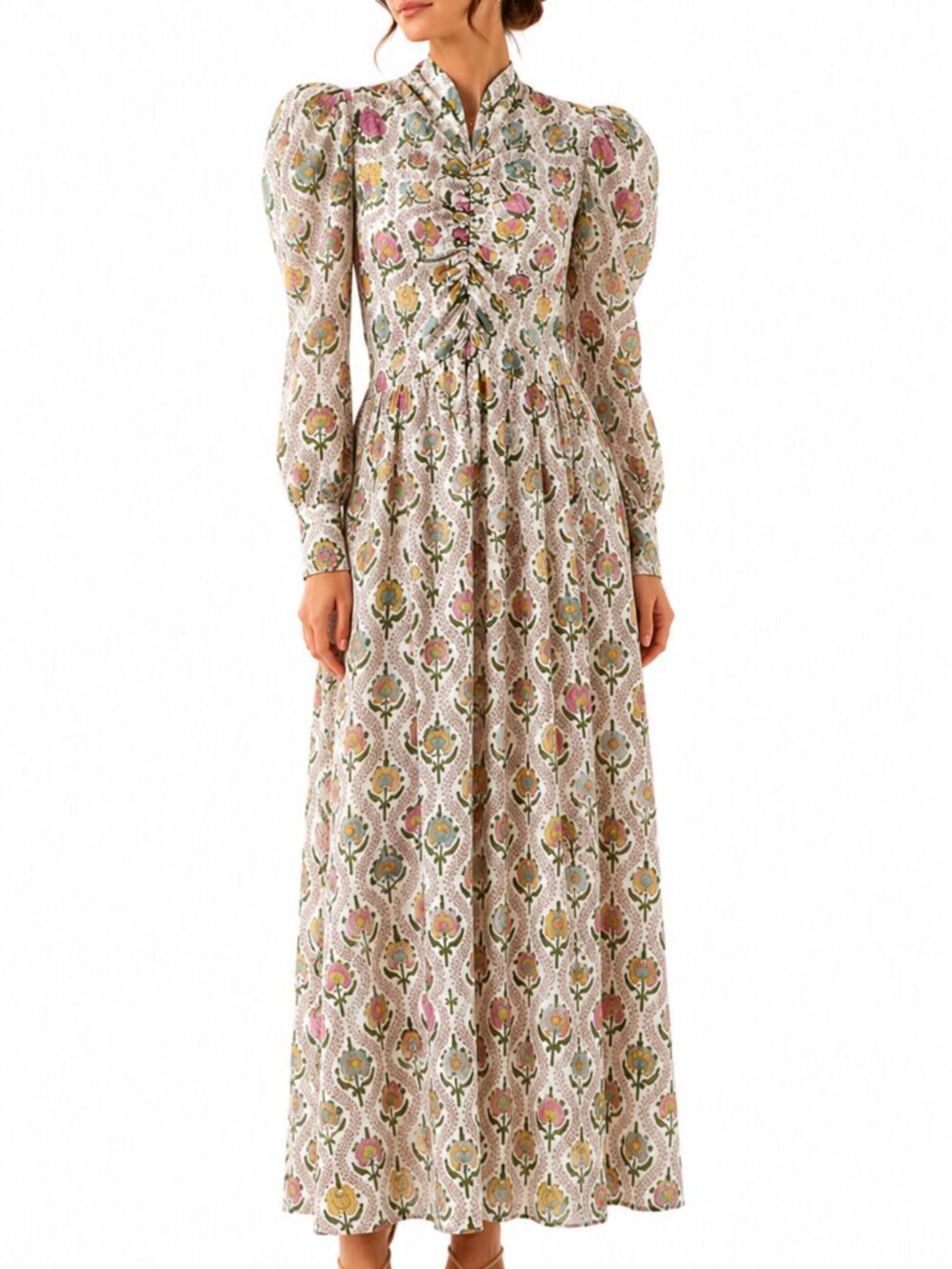 Anna Cate Block Print Cotton Maxi Dress Balloon Sleeve Romantic Prairie Small